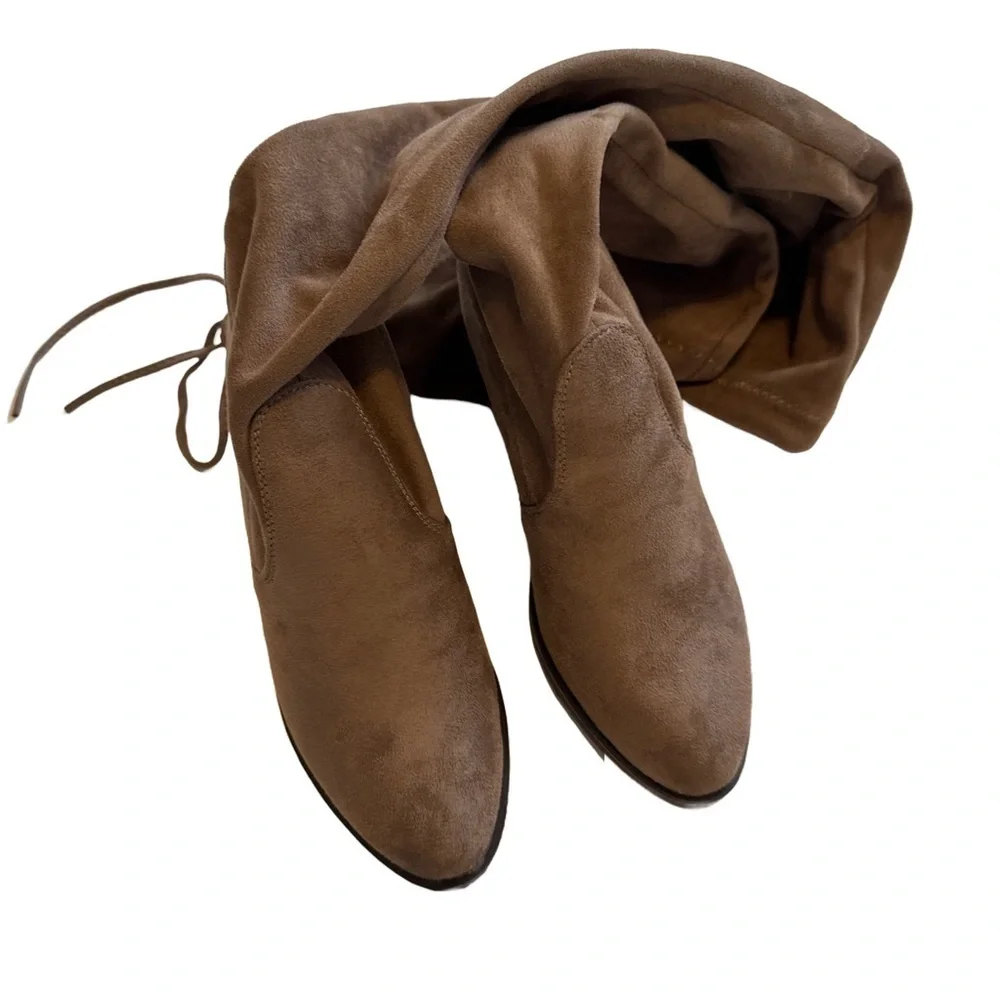 Forever Sock Boots Faux Suede 7.5 Taupe Over-the-Knee Fall Mobwife Chic Neutral